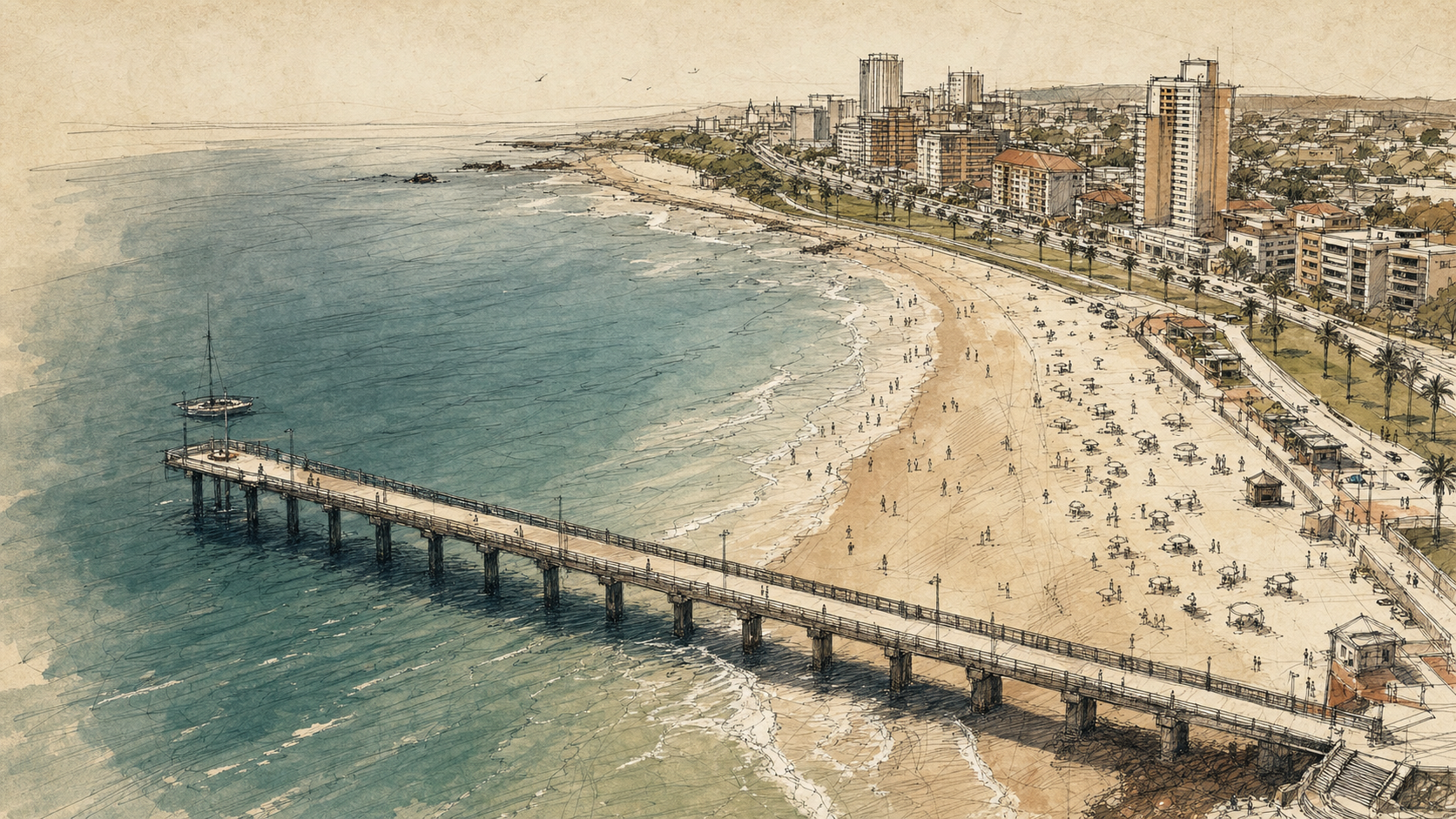 An architectural ink-and-watercolour drawing of the Gqeberha coastline, city and pier